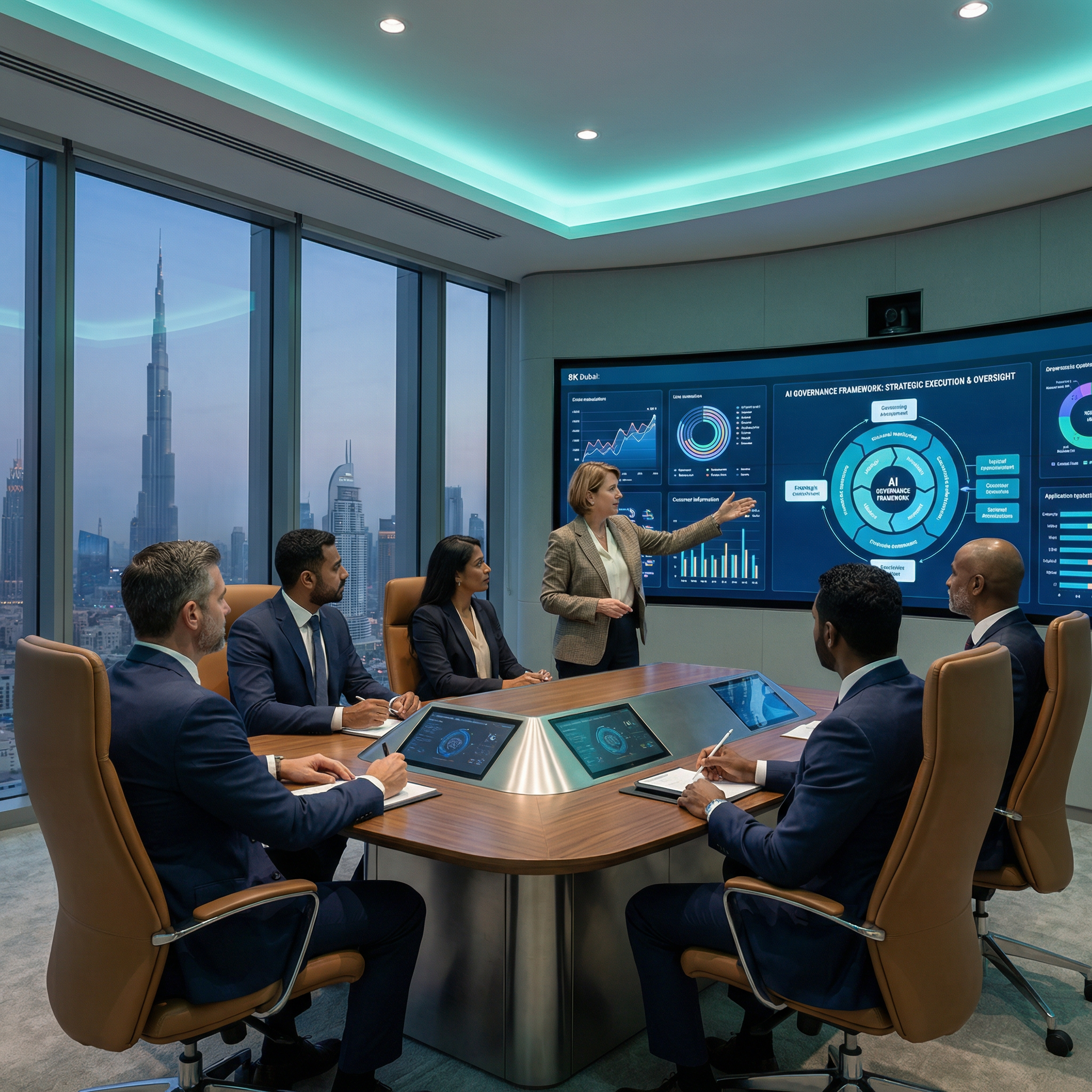 Senior consultant presenting AI governance framework