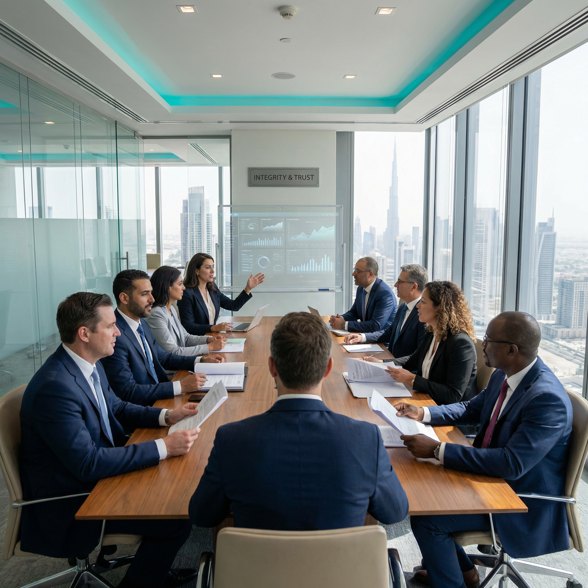 Executive team in transparent boardroom discussion